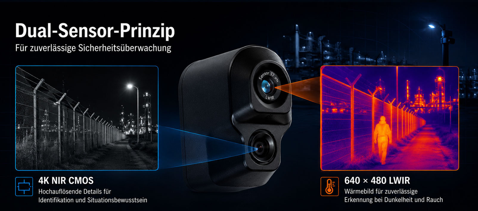 Dual-Sensor-Prinzip der TruVision Dual 3840:640 TruVision Dual 3840:640 mit visualisiertem 4K-NIR- und LWIR-Dual-Sensorsystem